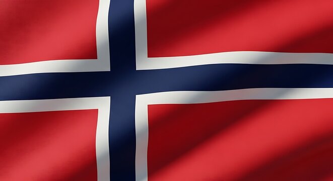 A close-up view of the national flag of Norway, featuring a red field with a white-bordered blue Nordic cross.