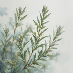 Obraz premium Mugwort plant with green leaves and pink buds, soft natural light, botanical calm mood