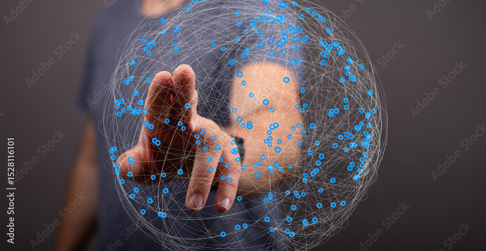 Poster Abstract image of a hand interacting with a digital network sphere.  Global connection concept.
