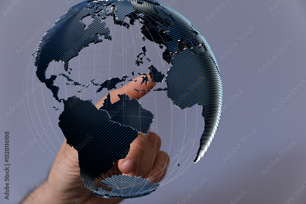 Aufkleber high-quality stock photo of a hand interacting with a digital 3d model of earth, symbolizing global 