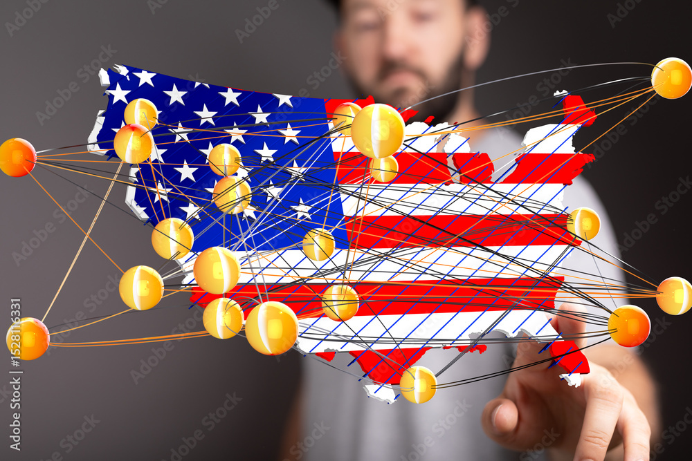 Poster visualizing data flow and network connections across the united states.