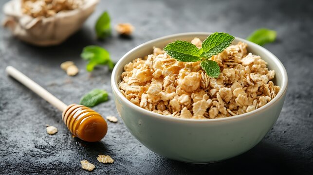 Close-up of fiber cereal with honey dipper and mint garnish styled for microstock demand - Powered by Adobe