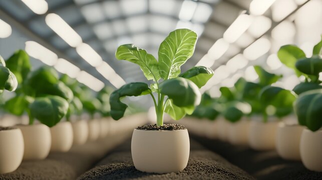 A modern greenhouse heated by biogas boilers, flanked by rows of solar-film skylights and vertical wind turbines integrated into the glass fa&Atilde;&sect;ade for hybrid renewable energy