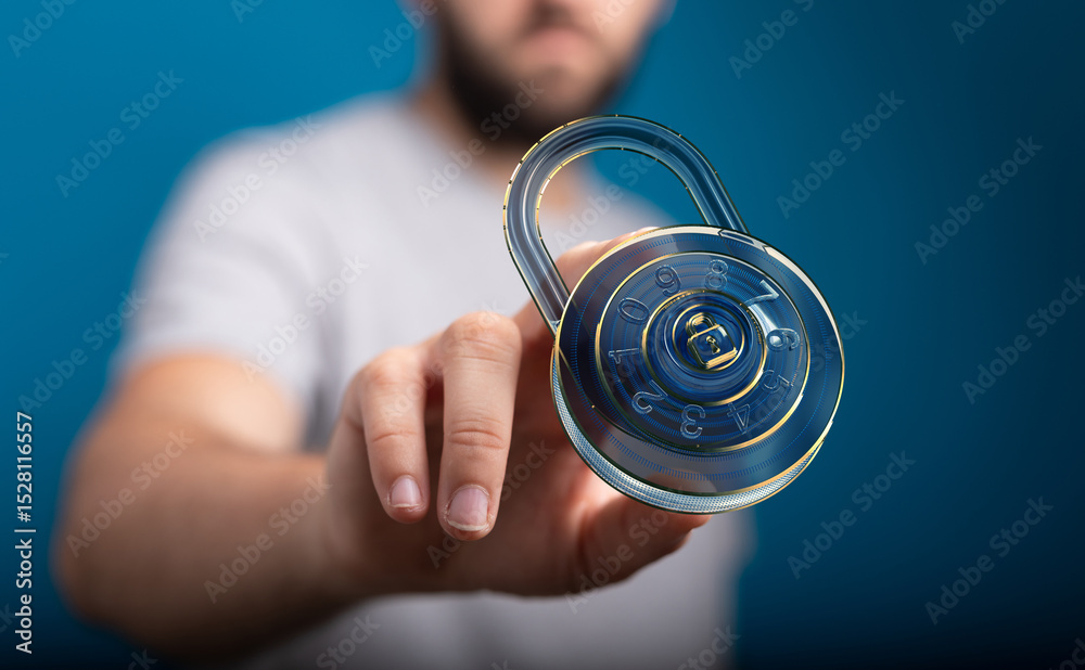 Aufkleber Secure your data.  Image of a man interacting with a digital padlock, symbolizing online security and data protection.