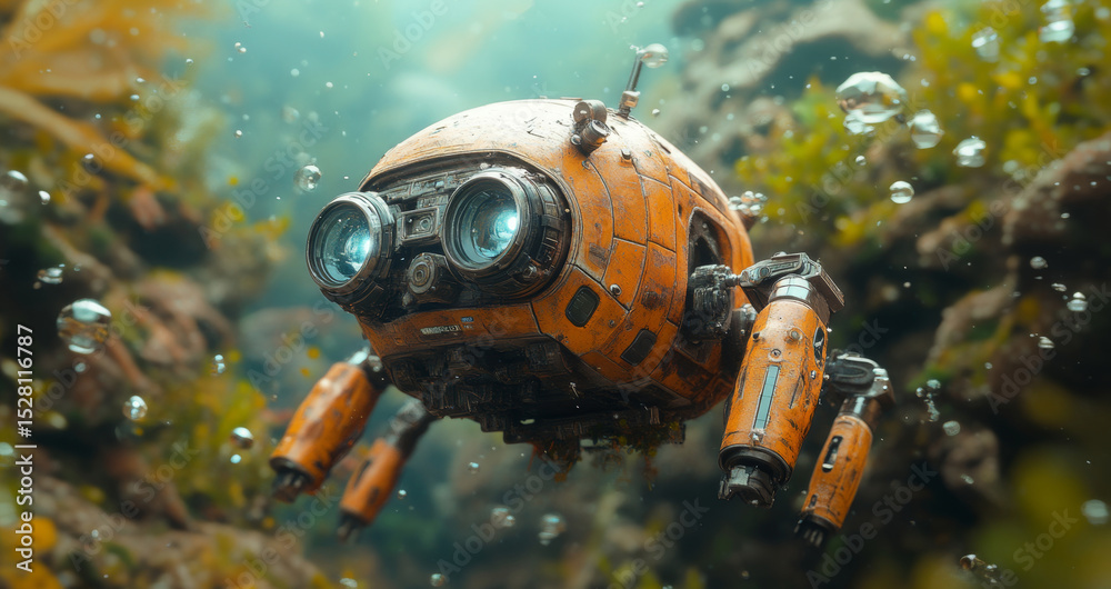 Poster a small orange exploration robot is navigating through underwater terrain, surrounded by bubbles and