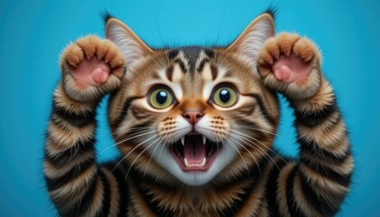 Cat face with paws on head, surprised and startled, on a blue backdrop with copy space. Generative AI
