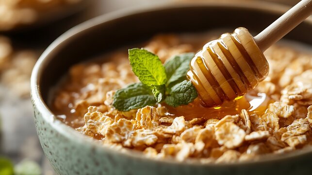 Close-up of fiber cereal with honey dipper and mint garnish styled for microstock demand