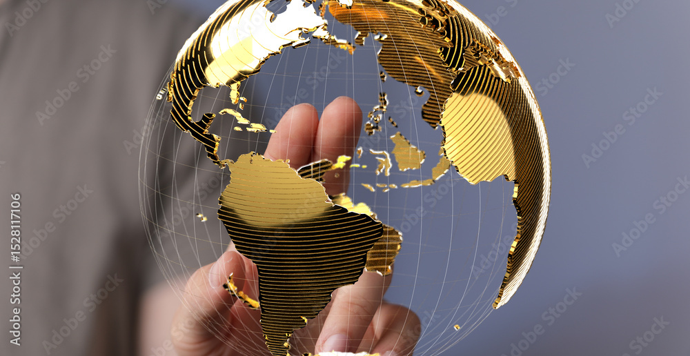 Aufkleber Abstract image of a hand interacting with a golden globe, symbolizing global connectivity and networking.