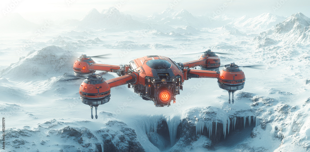 Poster a bright orange robot hovers over a snow-covered planet, equipped with advanced technology for explo