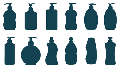 Cleaning product icons set showing various bottles and dispensers for household cleaning supplies