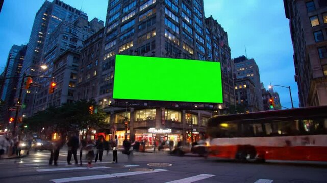 Blank green screen billboard on city corner