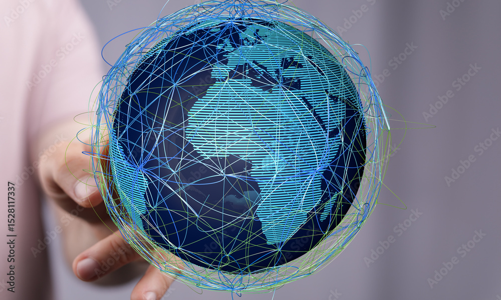 Poster Stock photo of a hand holding a digital globe illustrating global connectivity and networking.