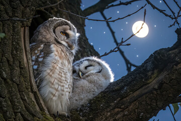 two owls sleep on a tree branch at night