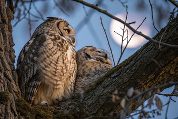 Obraz premium two owls sleep on a tree branch at night