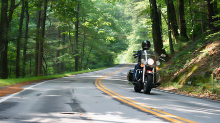 Obraz premium A cyclist riding a Motorcycle on the road in the forest, A Biker on the road, a Man riding a bike, a Motorcycle on the road