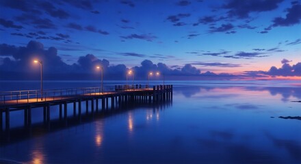 Obraz premium Picturesque pier stretching into calm ocean waters during vibrant sunset