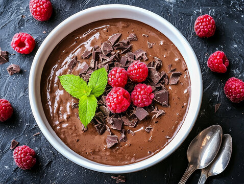 Chocolate mousse with raspberries and chocolate shavings