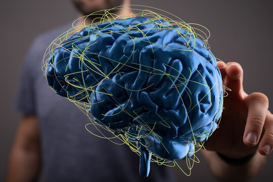 3D model of human brain showing complex neural network connections. Ideal for AI, neuroscience, and medical concepts. - Powered by Adobe