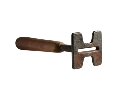 Vintage H shaped metal tool with wooden handle.
