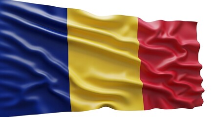 Fototapeta premium A vibrant Romanian flag waving in the wind against a clean white background.