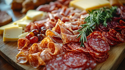 Assorted Cured Meats and Cheeses on Wooden Board with Herbs