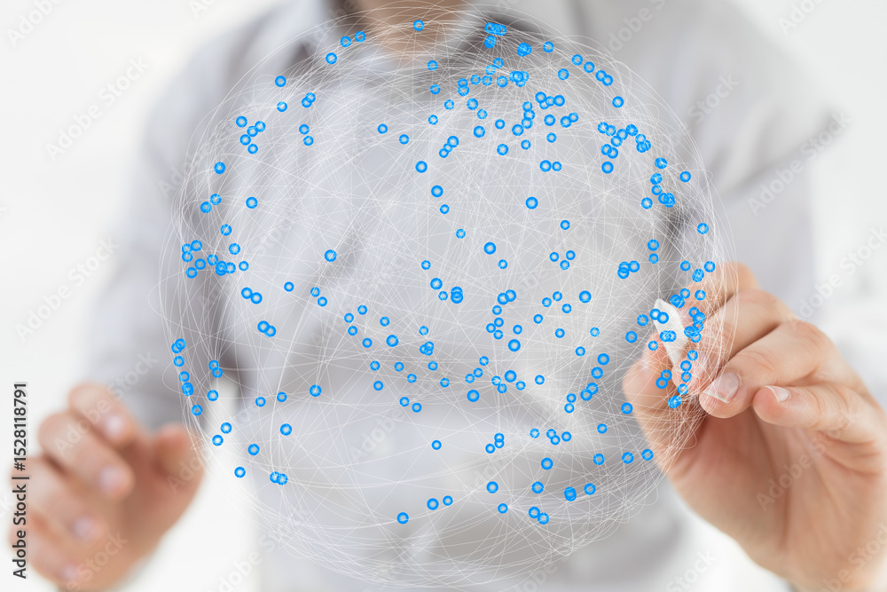 Poster image of a person interacting with a global network visualization. ideal for technology, communicati