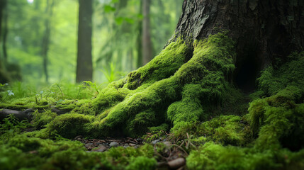 Green Moss Covering Ancient Tree Trunk