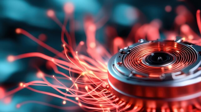 A captivating image showcasing a close-up of a circular tech component surrounded by flowing red light, symbolizing innovation and energy in technology.
