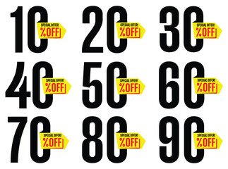 Special offer discount label with different sale percentage. 10, 20, 30, 40, 50, 60, 70, 80, 90, percent off price reduction badge promotion design emblem set vector illustration isolated.