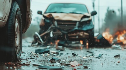 A detailed view of a car crash scene, showcasing debris, wrecked vehicles, and the aftermath of a major road accident, highlighting the chaos and destruction involved.