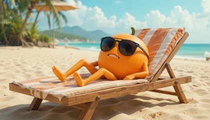 A cartoon orange resting on a beach lounger with sunglasses
