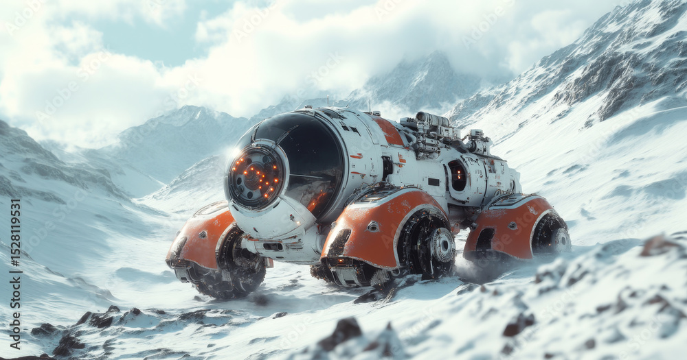 Poster a futuristic robot embarks on a space exploration mission across an alien planet. surrounded by towe