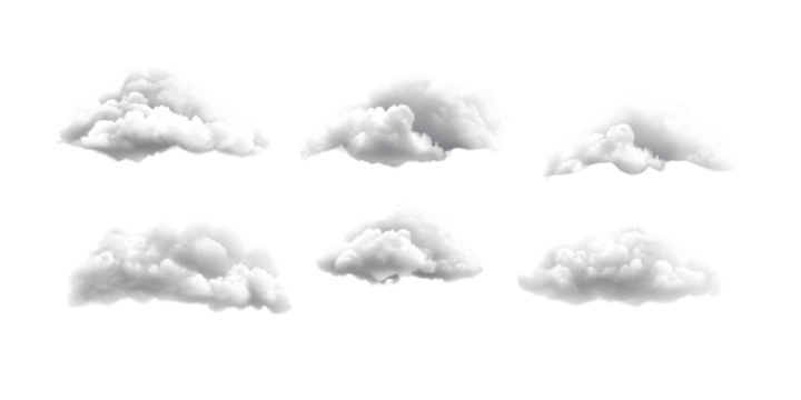 Collection of fluffy white clouds isolated on black background Set of cumulus cloudscape for creative design element Concept of weather, sky, and nature