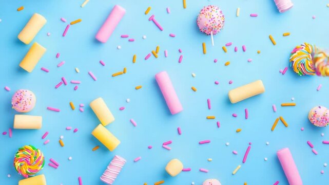 Colorful candy and sprinkles scattered on a light blue background creating a festive atmosphere