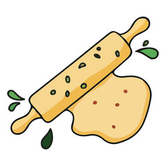 A cartoon drawing of a rolling pin rolling out dough, with some of the dough splattered on the sides and green specks scattered about.