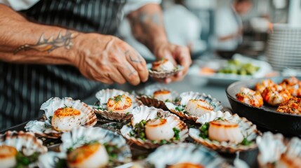 A skilled chef artfully prepares gourmet scallops, showcasing their exquisite presentation and culinary finesse, set in a bustling kitchen environment filled with creativity.