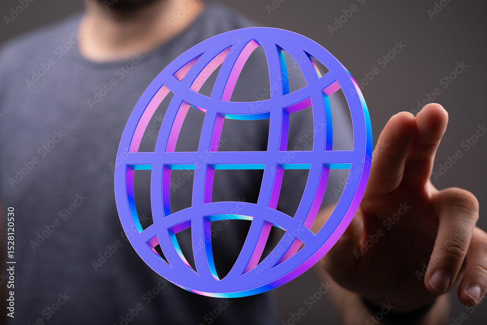 Poster person's hand interacts with a vibrant 3d globe, symbolizing global connectivity and networking.