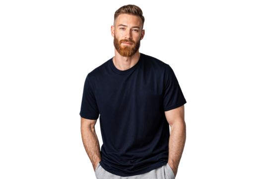 Casual male model with a beard wearing a dark t-shirt and light pants, posing with hands in pockets, isolated on transparent background