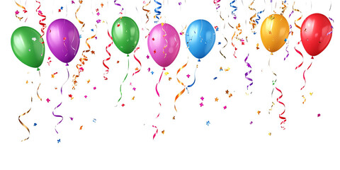 Festive colorful balloons and confetti floating on black background for birthday party celebration or holiday event decoration with streamers