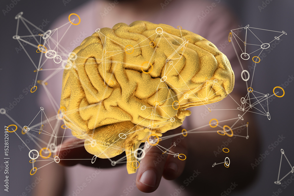 Aufkleber 3d render of a golden brain with glowing neural connections. ideal for ai, neuroscience, and technol
