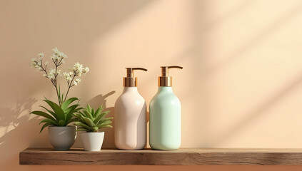 Two delicate, soft-focus pastel cosmetic bottles with sleek pump dispensers and slender necks sit on a rustic wooden shelf, accompanied by two small, lush green plants with delicate white flowers.