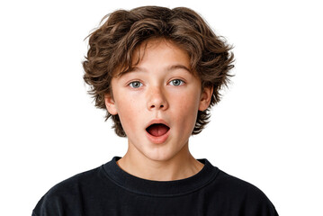 Surprised young boy with open mouth isolated on transparent png. Child expressing shock or amazement
