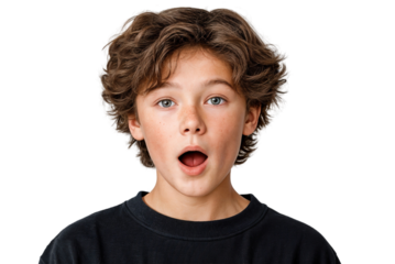 Surprised young boy with open mouth isolated on transparent png. Child expressing shock or amazement