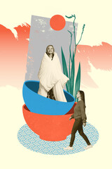 Trendy art image pop vertical collage of two happy girls stand coffee cup plate herbal tea beverage relaxation coffeehouse