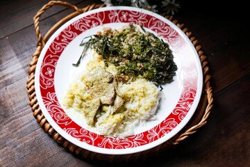 Malaysian style lunch called Nasi Campur. It is plain white rice served with protein, vegetable and other dishes