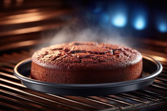 A freshly baked chocolate cake inside the oven, steaming hot and perfectly browned, set on a metal rack, creating a delicious, tempting and warm image.