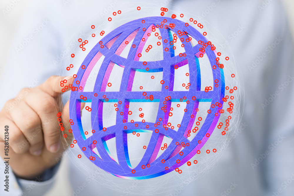 Poster person interacting with a digital globe, representing global connectivity and networking.
