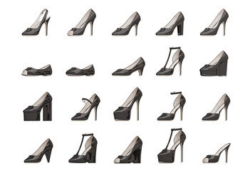 Variety of black female shoes isolated on transparent background. 3D illustration.