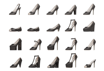 Variety of black female shoes isolated on transparent background. 3D illustration.