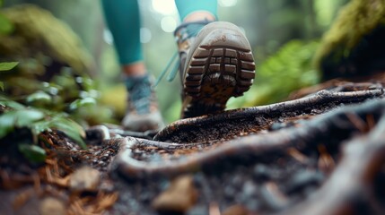 A close-up shot of a hiker's shoes stepping over roots and earthy terrain, symbolizing adventure and connection to nature in a tranquil forest setting.